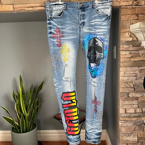 GFTD LA LONZO Men 40x32 Grunge Streetwear Skull Cross Alt Distressed Jeans Blue - Picture 1 of 12